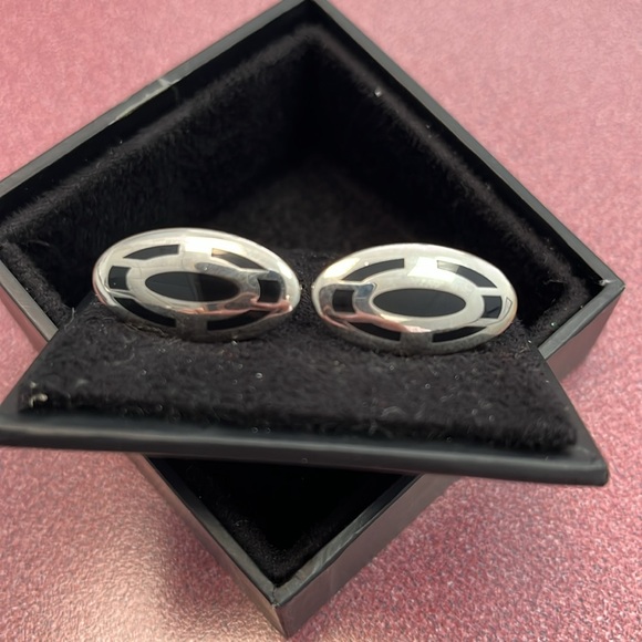 Express silver metal cuff links. Black enamel design. One inch oval. New in box - Picture 2 of 4